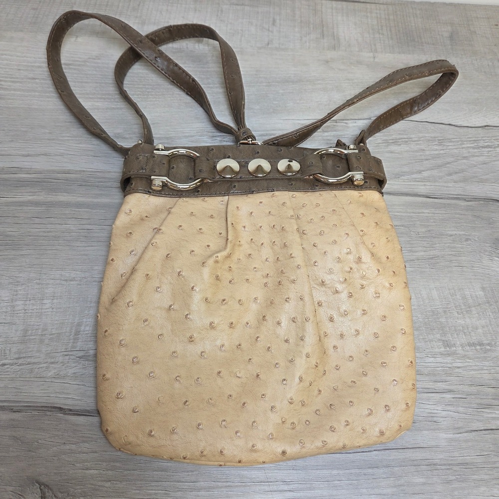 Cato Women Two Tone Tan Brown Faux Ostrich Crossbody Bag Studded Silver Hardware